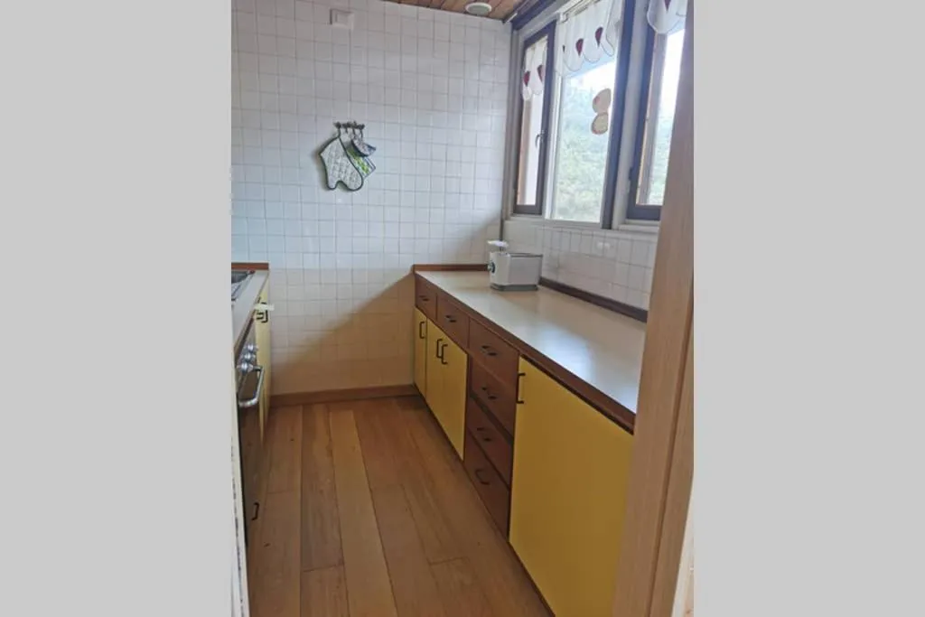 Cucina con piano di lavoro e finestra a Chalet nel Bosco