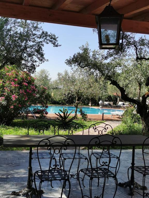 Tavolo esterno della Tenuta Colle Mattia con vista su piscina e ulivi